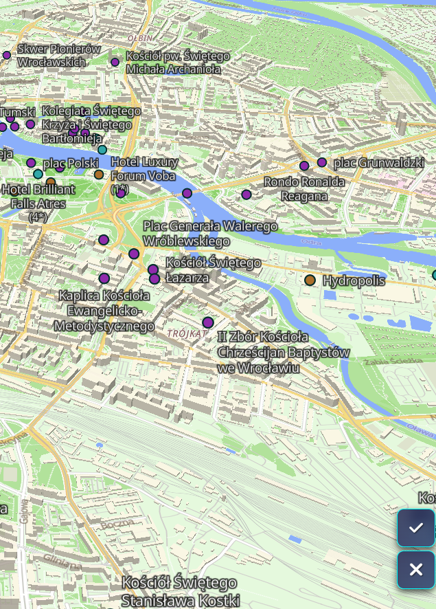 Mapa w grze o autobusach Buslo oraz widoczne na nich POI w różnych kolorach