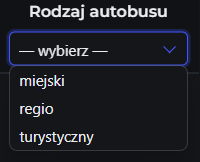 Wybór autobusu z rozwijanej listy w grze o autobusach Buslo